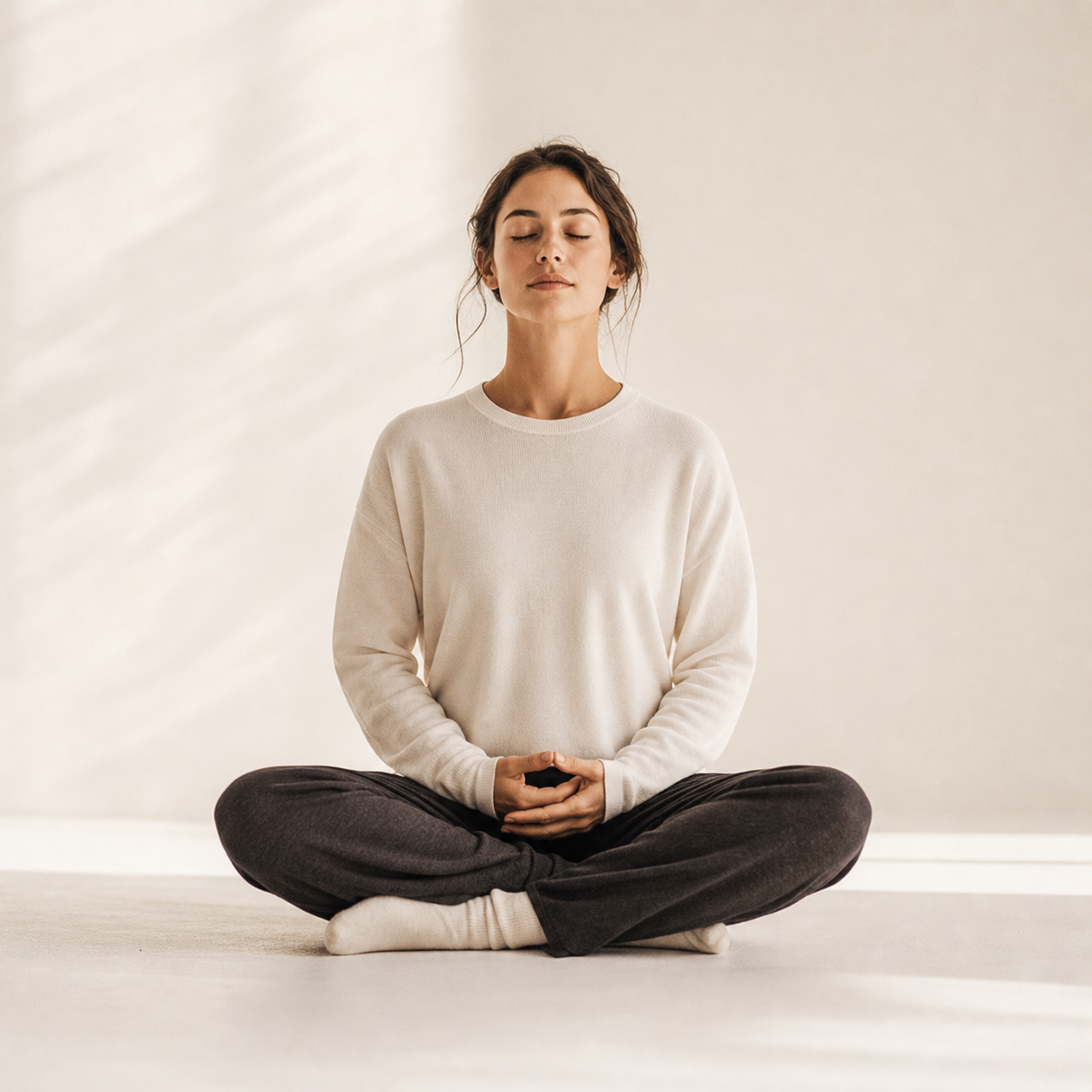 Calm breathwork practice in a warm neutral studio