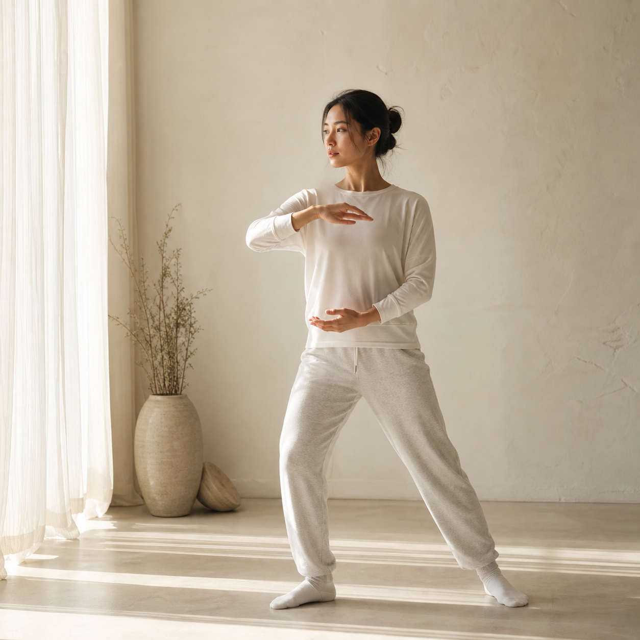 Gentle morning grounding movement in a bright studio