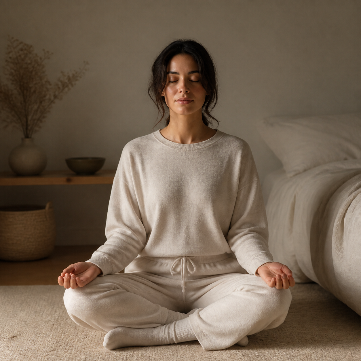 Quiet stillness practice before sleep in a soft room
