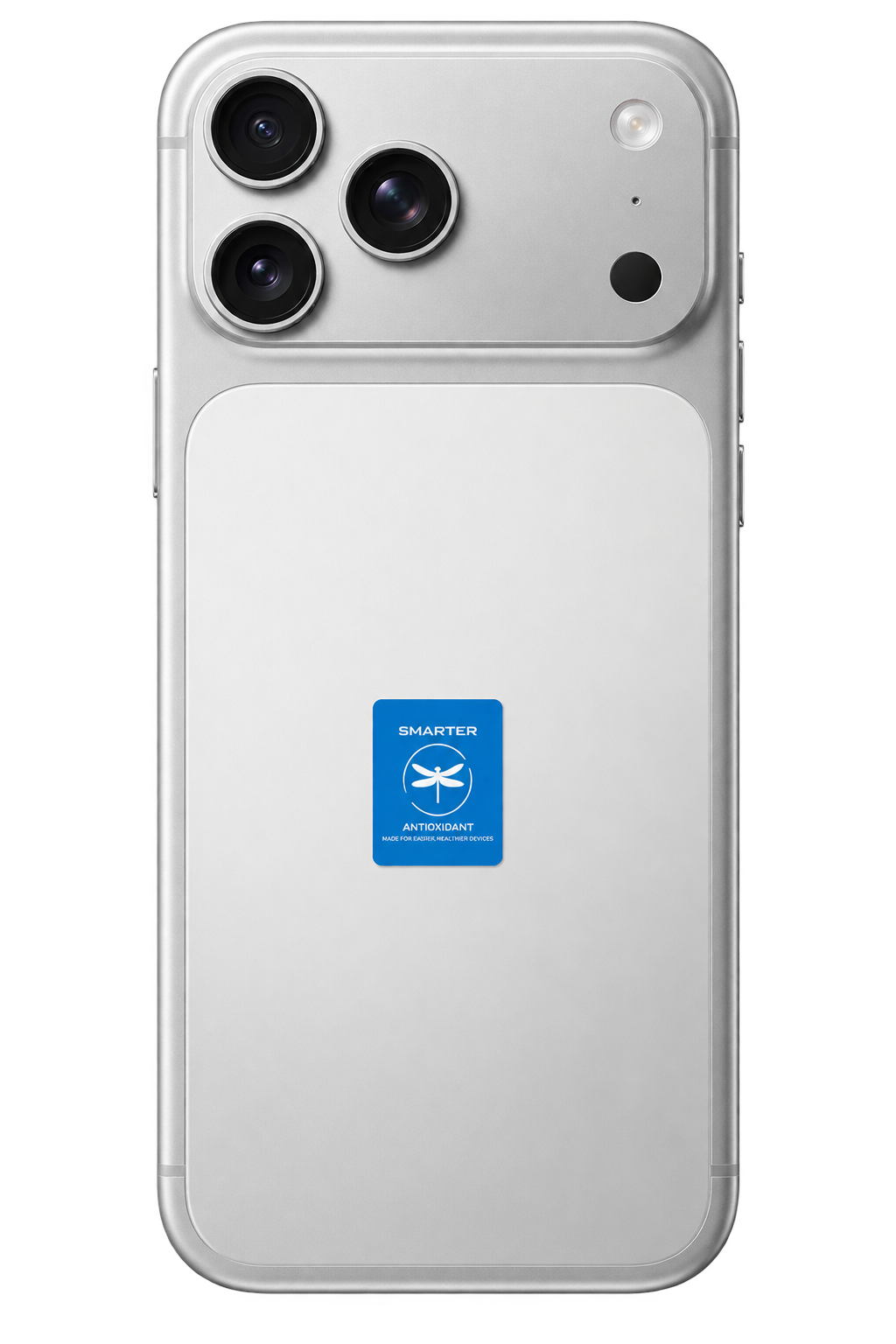 Silver smartphone with a blue Smarter tag attached