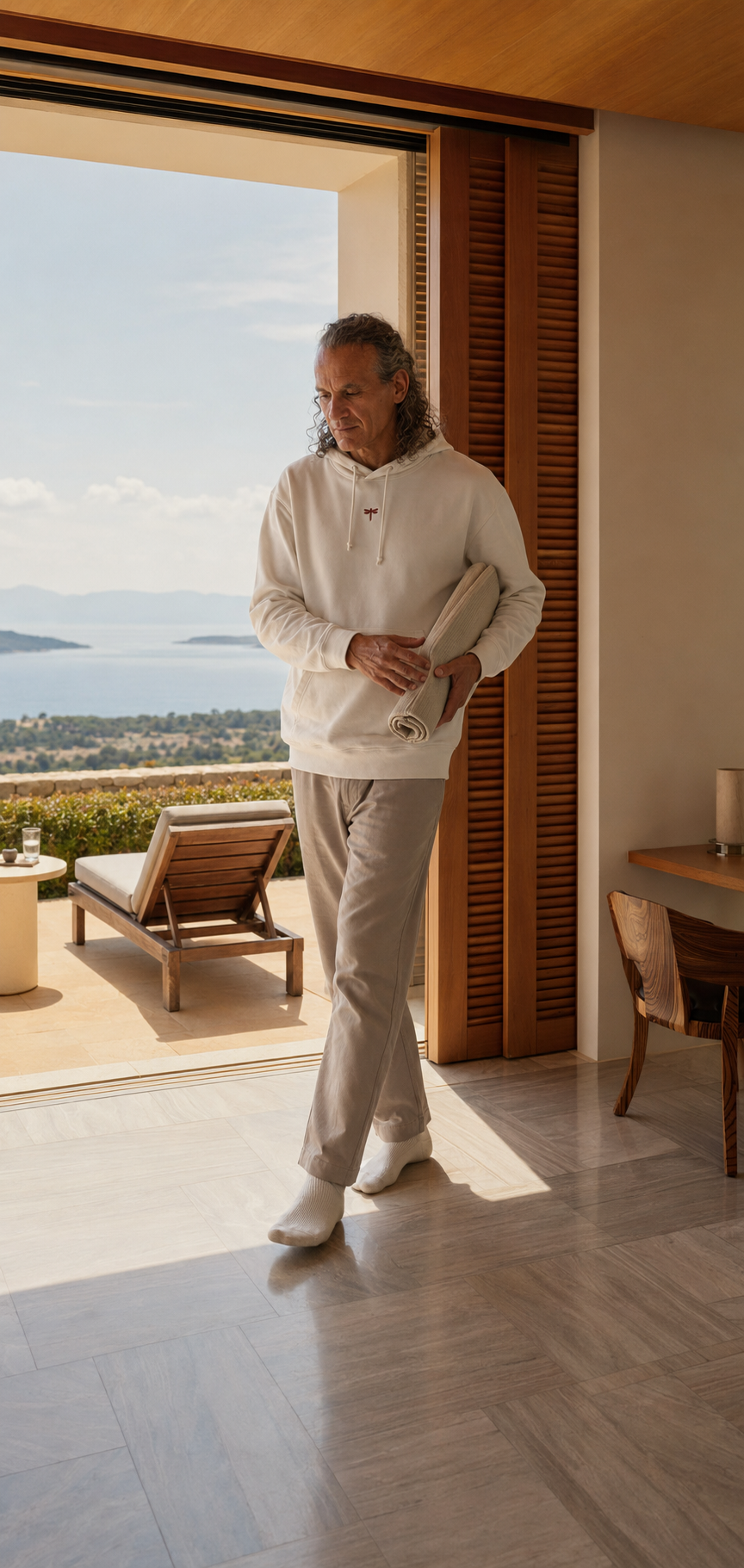 A man walking quietly indoors with a folded mat