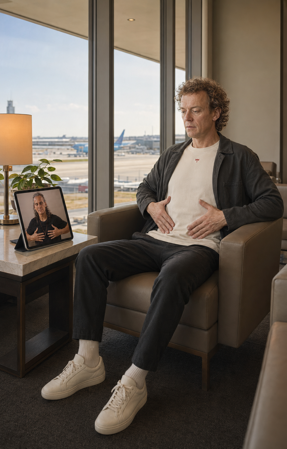 A man practicing calm abdominal breathing beside an airport window