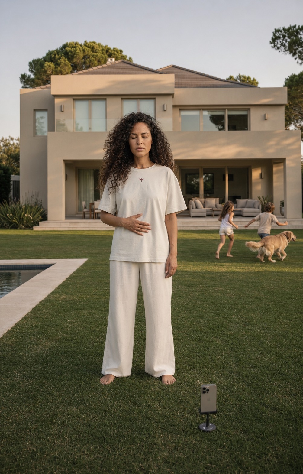 A woman practicing conscious breathing on a lawn