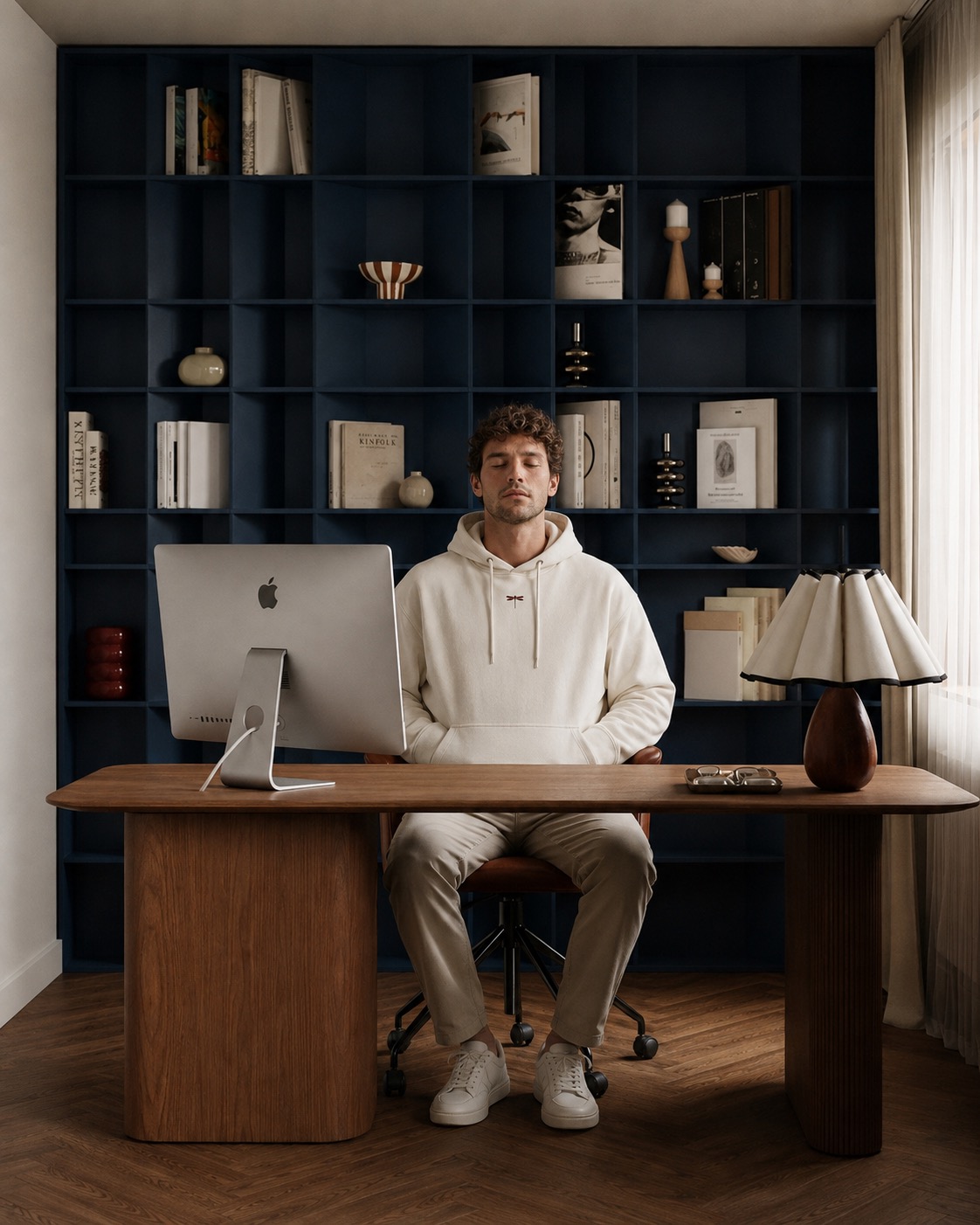 A man meditating at a desk in a home office