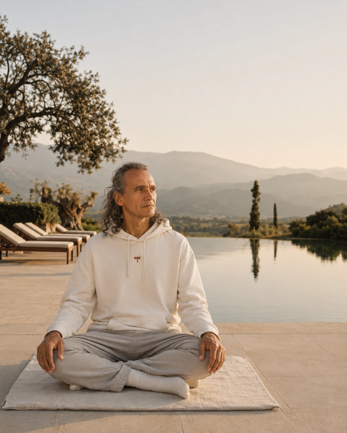 A man meditating beside a pool at sunrise