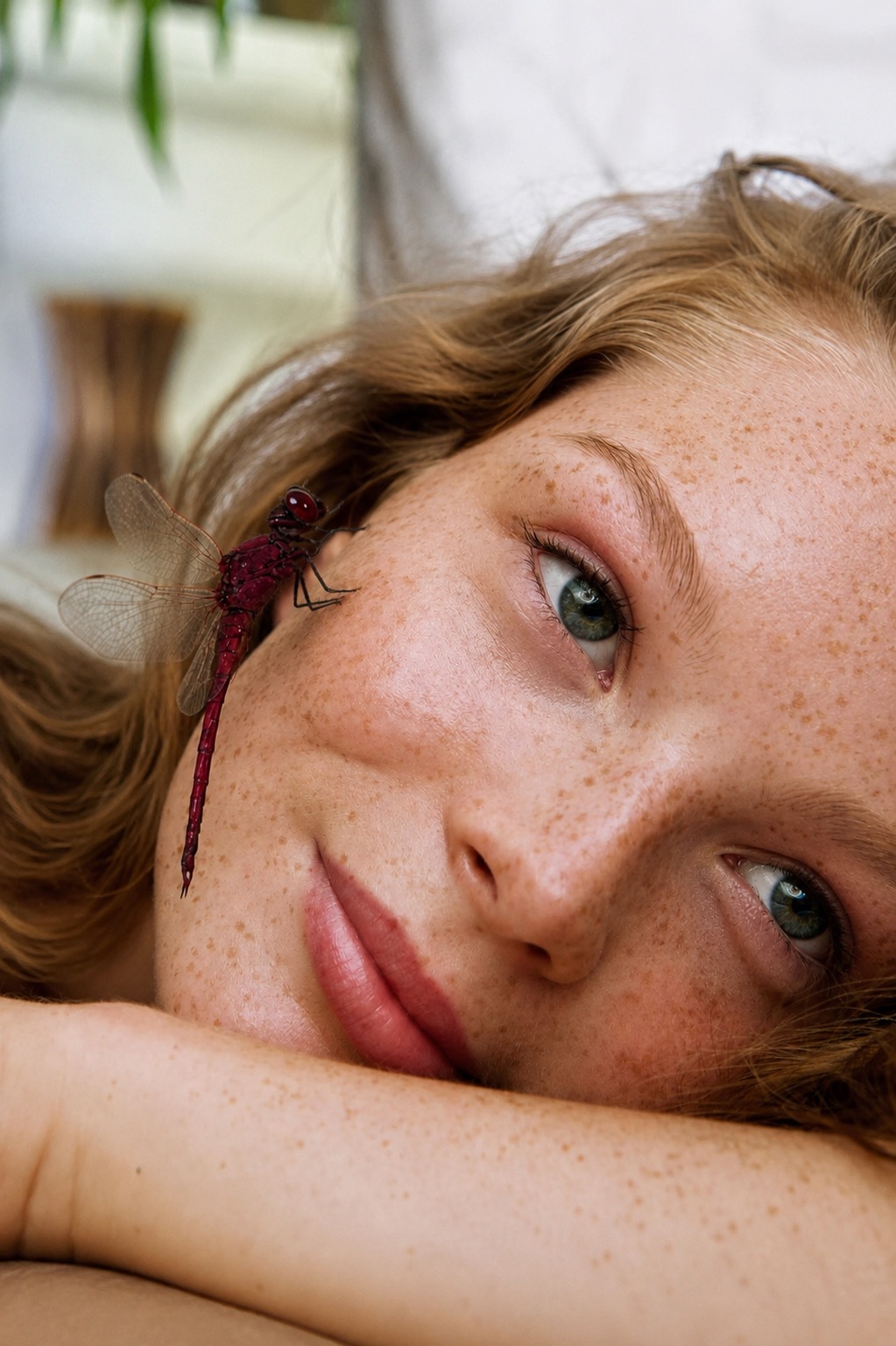 A red dragonfly resting beside a woman&rsquo;s face