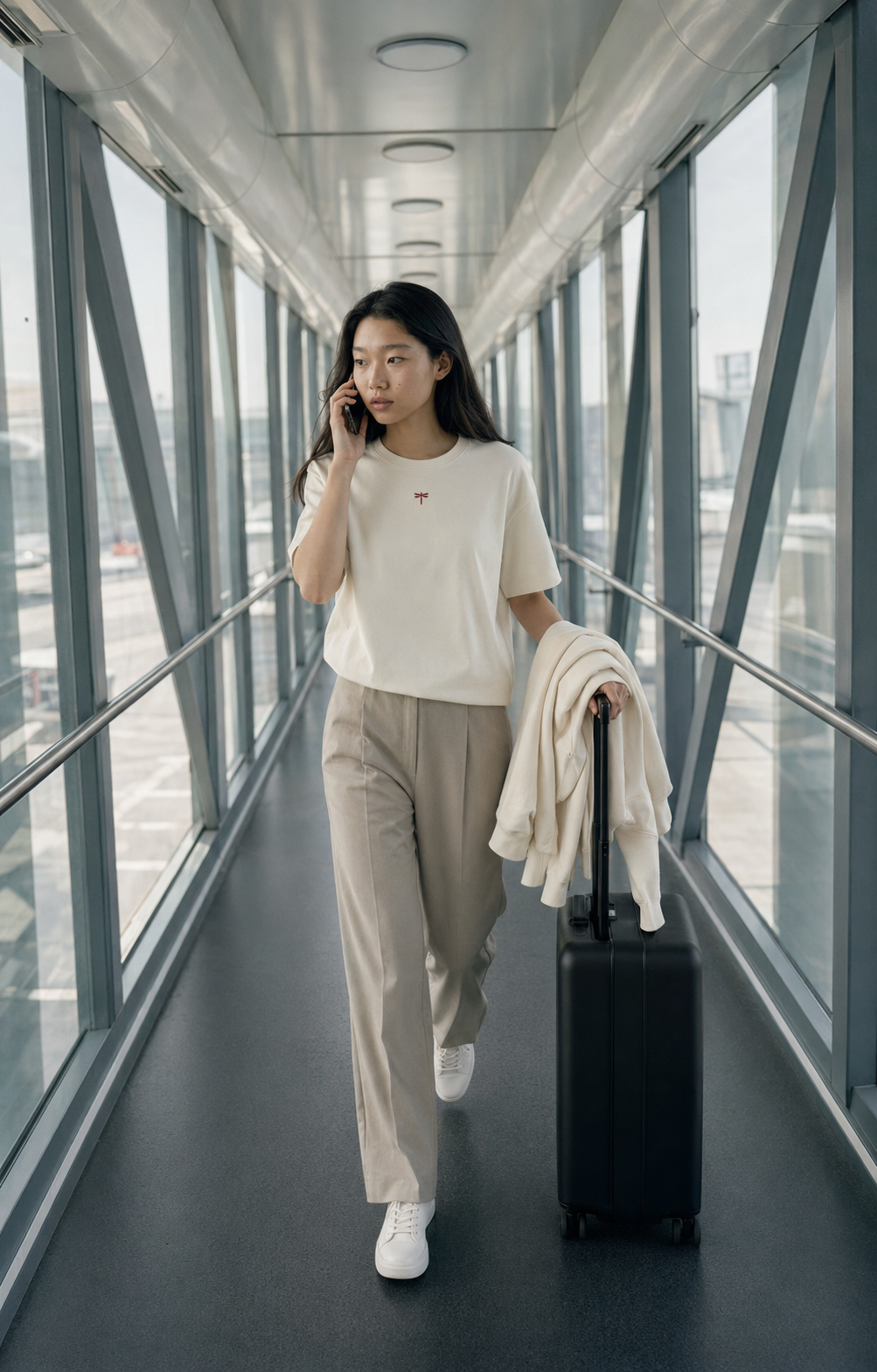 A traveler wearing the Regulation Tee in an airport walkway