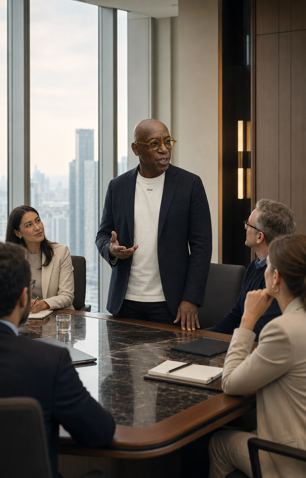 A Red Dragon Fly wearer speaking during a business meeting