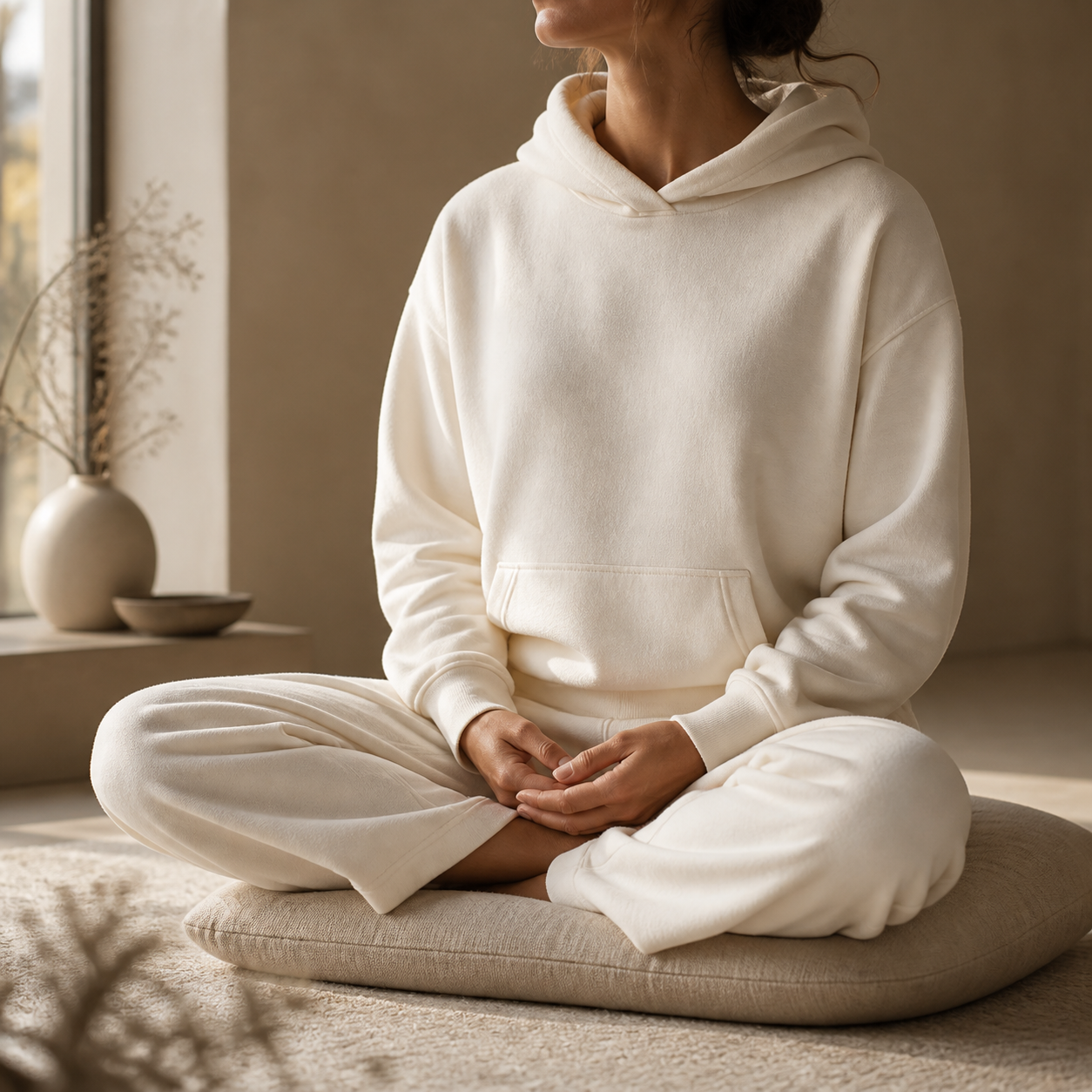 A seated stillness practice in an ivory hoodie