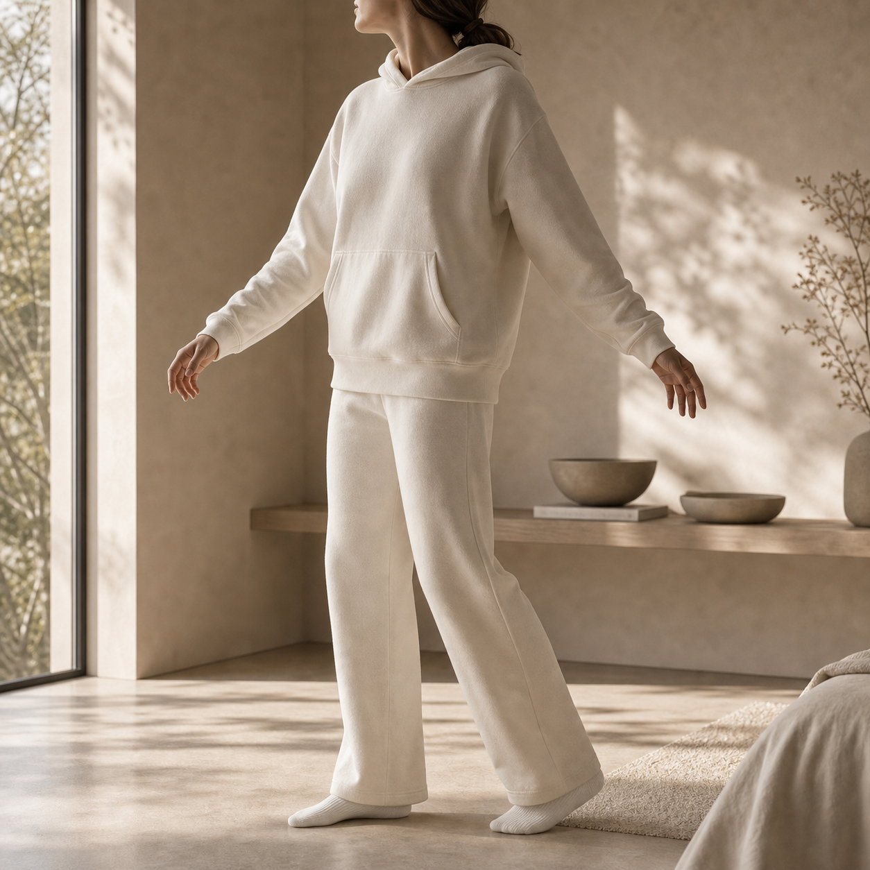 A person in an ivory hoodie doing gentle grounding movement