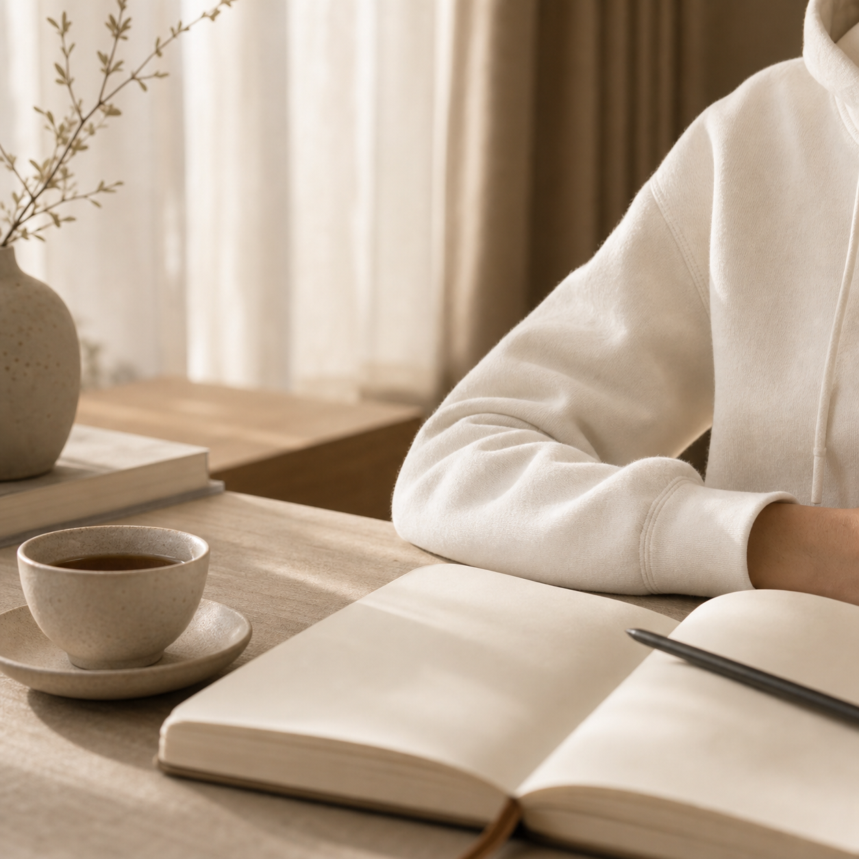 A calm desk reset with an ivory hoodie, tea, and a notebook